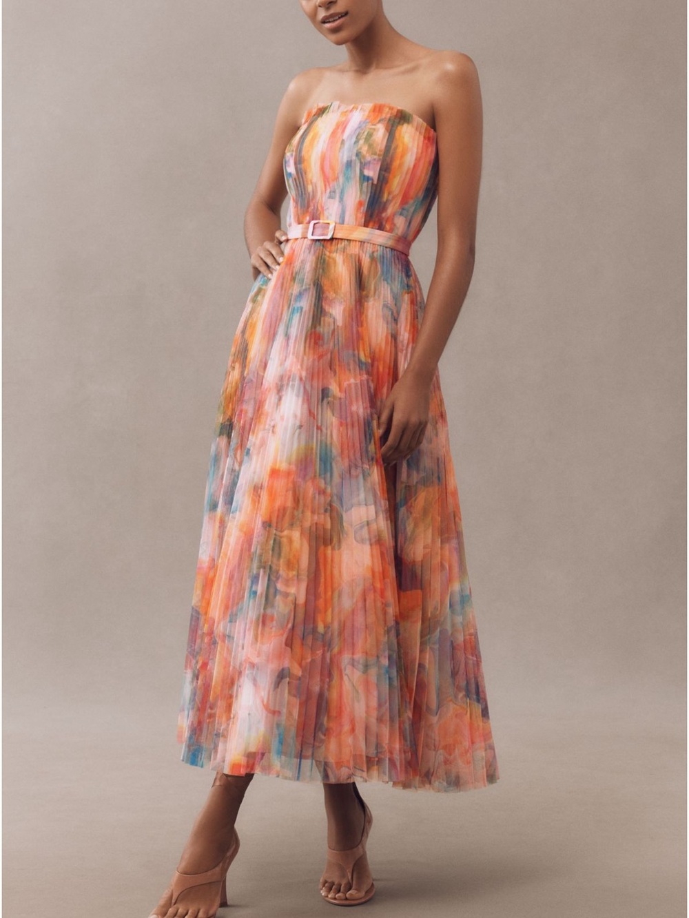 Anthropologie Hutch Strapless Pleated Midi Dress in Watercolor Orange and Blue